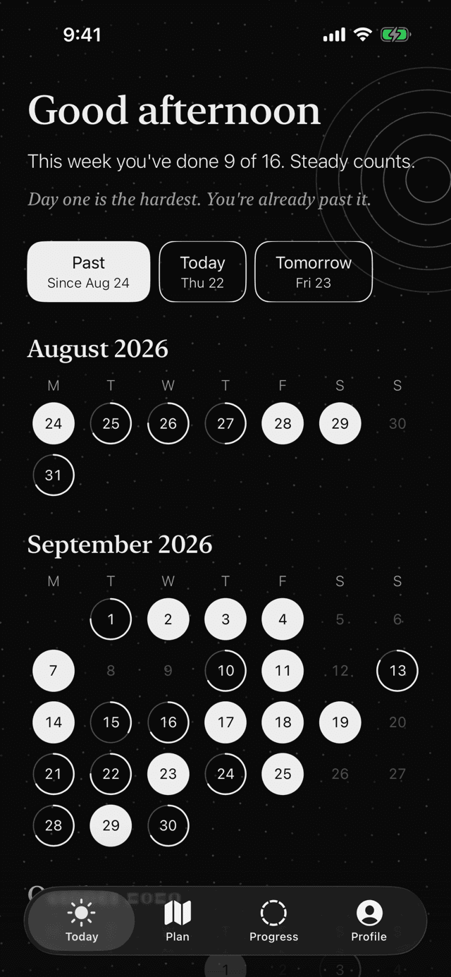 The past calendar: done days drawn as rings on a month grid.
